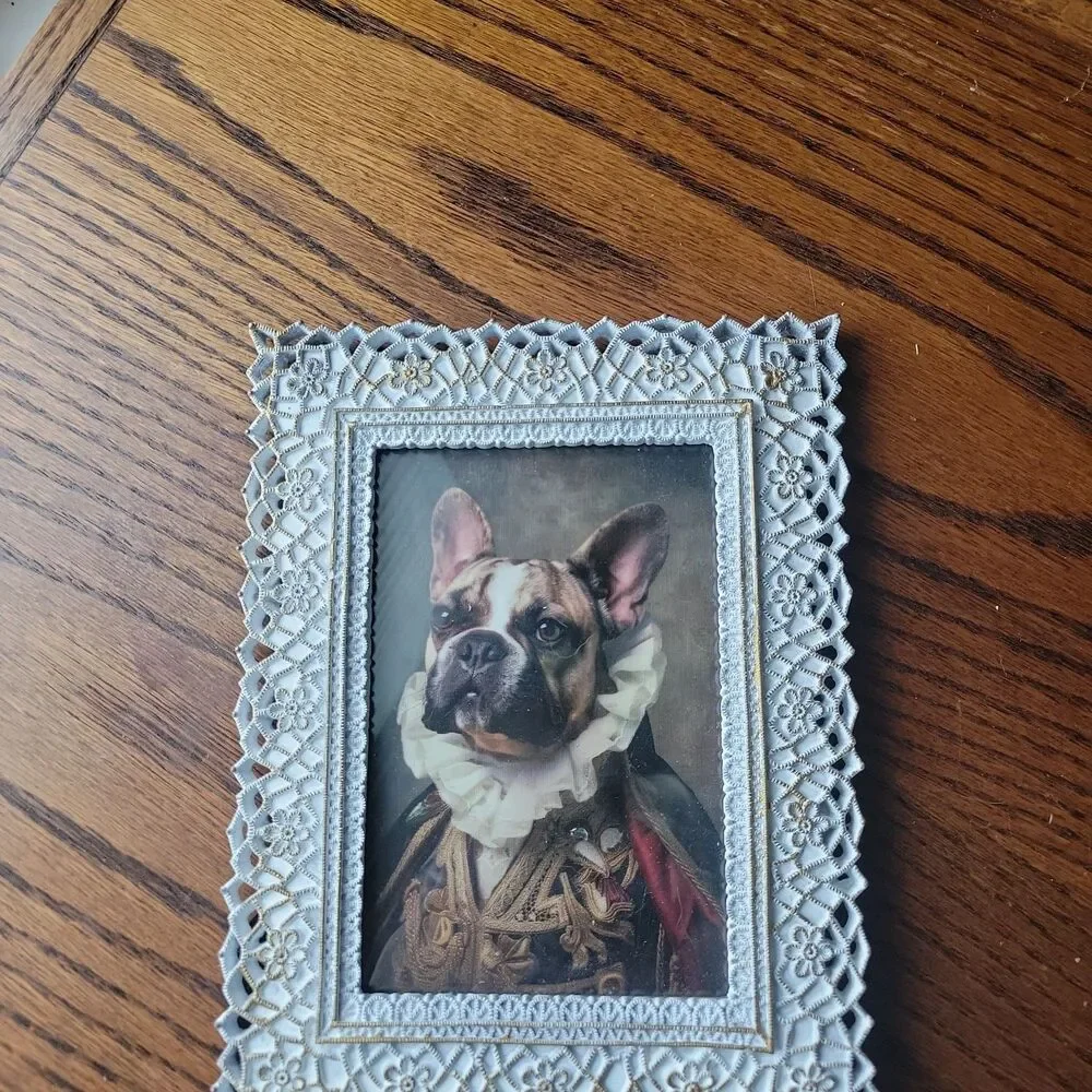 Vtg Metal Picture Frame Gold Filigree Whitewash 4x6 photo Royal Bulldog Print
